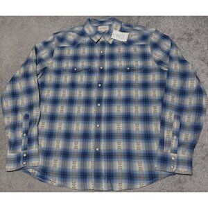 Lucky Brand Western Shirt Men's Large Blue Plaid Pearl Snap Closure Long Sleeve